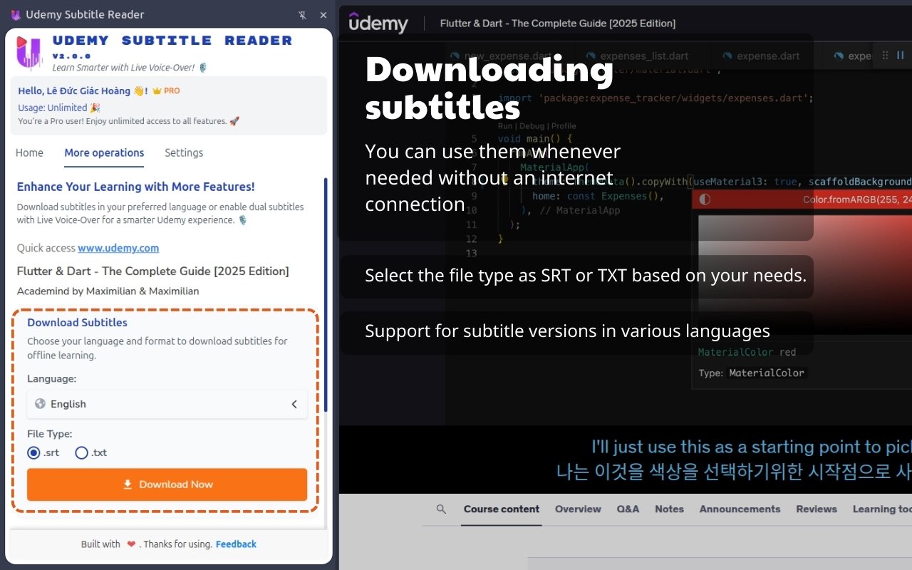 Udemy Subtitle Reader Interface Screenshot 2